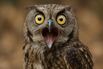 Fototapeta premium A close-up shot of an owl with wide-open yellow eyes and its beak open in a surprised or screaming expression.