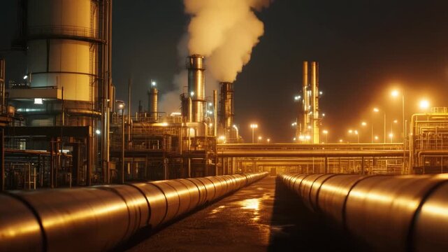 Industrial Nightscape: An industrial complex is illuminated against the night sky, showcasing its towering structures, and the emission of vapor from its smokestacks.