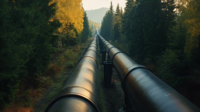Pipeline Pathway: A captivating scene of industry and nature intertwining, with parallel pipelines stretching into the distance through a lush forest.
