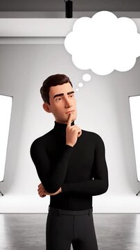 A cartoon man with a thought bubble points upward in a studio, suggesting thought