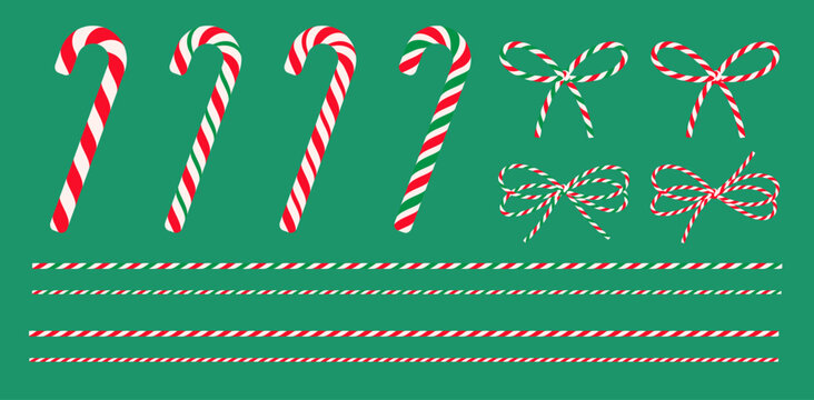 Set of Christmas striped candy cane, сotton red bakers twine bow, ribbon, packing thread. Hand drawn decorative element for gift box, present, card new year, banner sale. Isolated flat vector EPS1