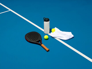 Black padel racket with white bottle, towel and balls on blue court