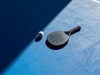 Padel racket and tennis ball on blue court with dramatic shadow
