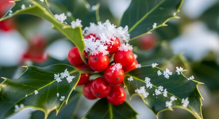 Fototapeta premium Holly Berries and Snow A Festive Winter Scene