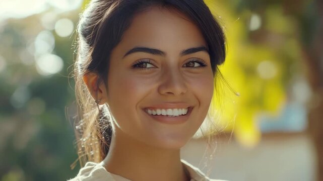 Young woman with dimples and freckles, wearing earrings, smiling brightly at the camera with natural light casting on her face.