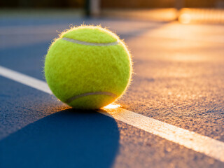 Close up tennis ball on court line at golden hour