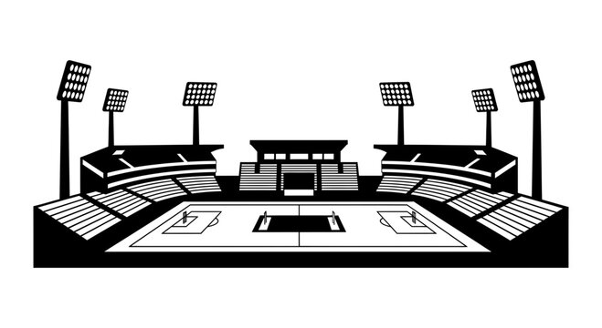 Bold black and white graphic icon of a modern sports stadium, a symmetrical vector illustration featuring grandstands, towering floodlights, and a central field