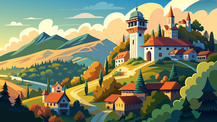 Very beautiful scenic view of the historic clock tower on Schlossberg Mountain in Graz, featuring its traditional architecture, hillside greenery, and a clear sky backdrop in a peaceful landscape sett