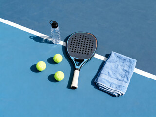 Padel racket with three balls, towel and bottle on blue court