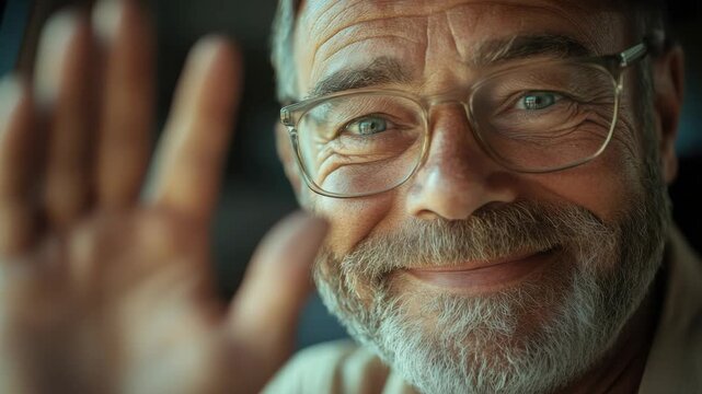 Friendly older man, wearing glasses and a mustache, smiling at the camera, looking through window frames.