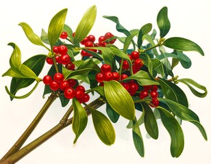 Close-up studio botanical rendering of mistletoe with red berries