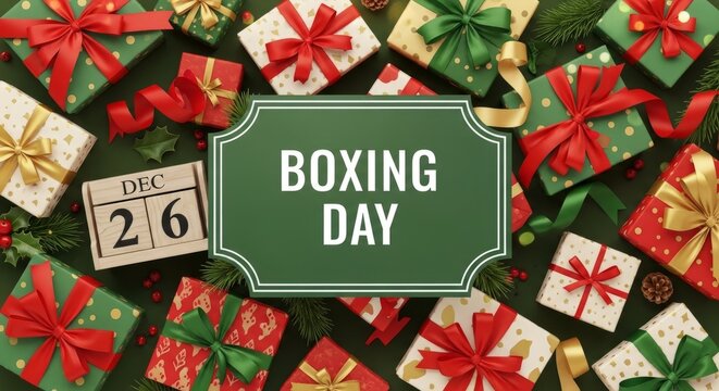 Festive boxing day celebration with colorful gift boxes and holiday decor