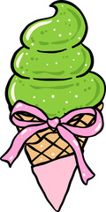 Girly Coquette Matcha Ice cream cone with Pink Ribbon Bow Cartoon Hand Drawn Retro Vintage Green and Pink Whimsical Illustration