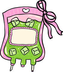 Girly Coquette Matcha Blood Bag with Pink Ribbon Bow Cartoon Hand Drawn