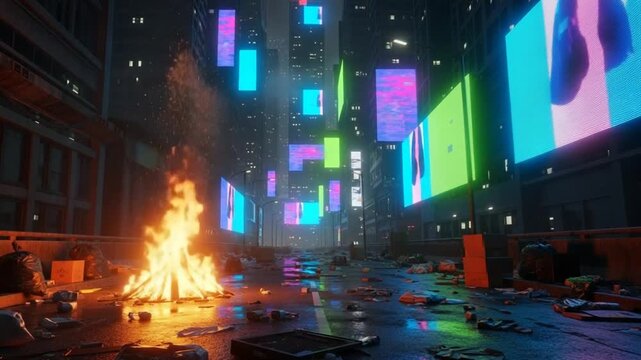 Urban Chaos: A dystopian city scene unfolds with towering buildings illuminated by vibrant displays, a bonfire crackles in the foreground amid debris, hinting at societal breakdown. 