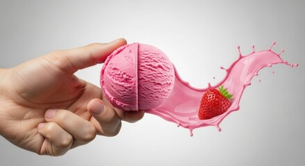 Hand holding half a scoop of strawberry ice cream with a splash and fresh strawberry