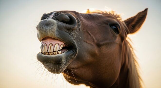 Funny horse showing teeth outdoors close up, domestic animal portrait