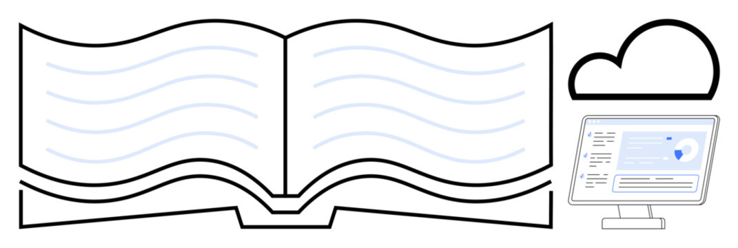 Open book with blue lines, cloud, and computer screen with analytics showcase education, e-learning, and cloud storage. Ideal for knowledge sharing, digital tools, e-books, cloud technology