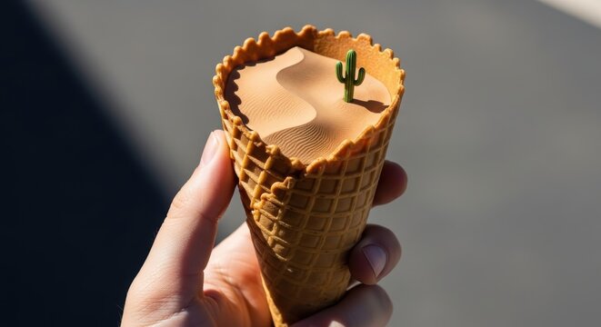 Hand holding an ice cream cone filled with miniature desert landscape - Powered by Adobe