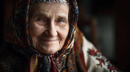 Fototapeta premium Smiling senior lady in cultural dress, natural light