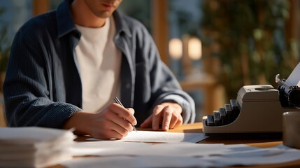 Obraz premium A focused writer sitting at a wooden desk, marking handwritten corrections on a manuscript freshly typed on a vintage typewriter, surrounded by scattered pages and soft afternoon light — a