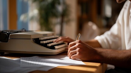 A focused writer sitting at a wooden desk, marking handwritten corrections on a manuscript freshly typed on a vintage typewriter, surrounded by scattered pages and soft afternoon light — a