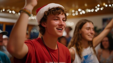 Group of volunteers joyfully singing Christmas carols in a shelter common area while residents listen and join in — uplifting atmosphere of unity, inclusion, and emotional healing through music and