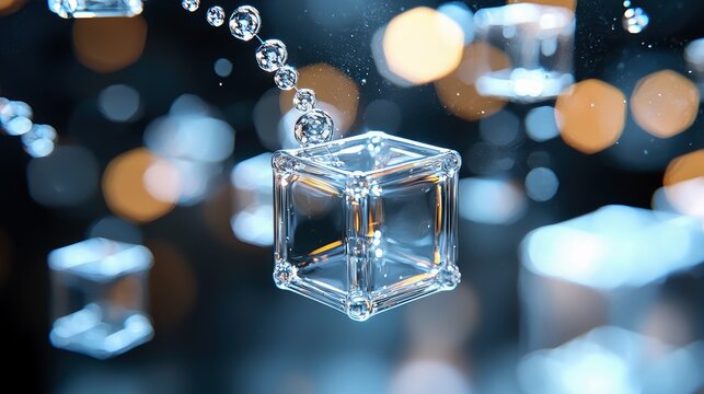 Close-up of transparent glass cubes and water droplets suspended in a dark, blurred environment with warm and cool bokeh lights.