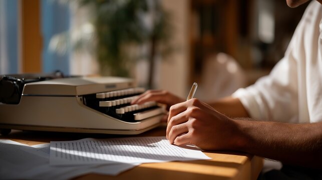 A focused writer sitting at a wooden desk, marking handwritten corrections on a manuscript freshly typed on a vintage typewriter, surrounded by scattered pages and soft afternoon light — a