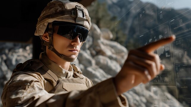 Close-up of officer interacting with holographic battlefield overlays showing scenario simulations and decision outcomes, highlighting command center intelligence, data-driven strategy, and