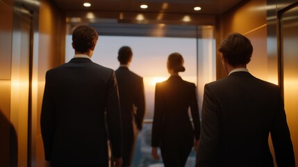 Wide-angle of multiple professionals ascending elevator to various floors representing skill acquisition and international opportunities — illustrating team career advancement, immersive abstract