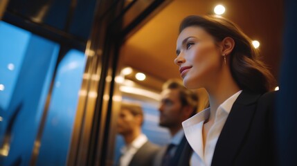 Wide-angle of multiple professionals ascending elevator to various floors representing skill acquisition and international opportunities — illustrating team career advancement, immersive abstract