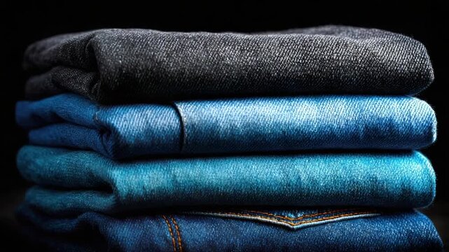 Stack of folded denim clothing in various blue-toned shades with subtle textures. Dark backdrop