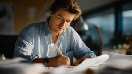 Close-up of thoughtful art director surrounded by scattered papers, holding a pencil while examining sketches — symbolizing concentration, imaginative exploration, emotional investment in visual