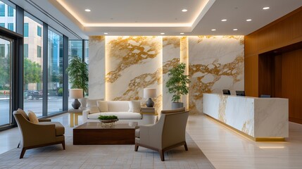 Luxurious law firm reception area with marble floors, ambient lighting, and modern branding — a visual metaphor for prestige, reliability, and corporate excellence, ideal for content emphasizing