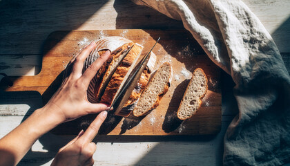 Top View of Hands Slicing Freshly Baked Sourdough Bread on a Wooden Cutting Board