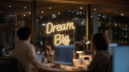 Night office aesthetic featuring employees brainstorming under the warm glow of a “Dream Big” sign — representing team motivation, vision, and passion-driven startup culture. cinematic color
