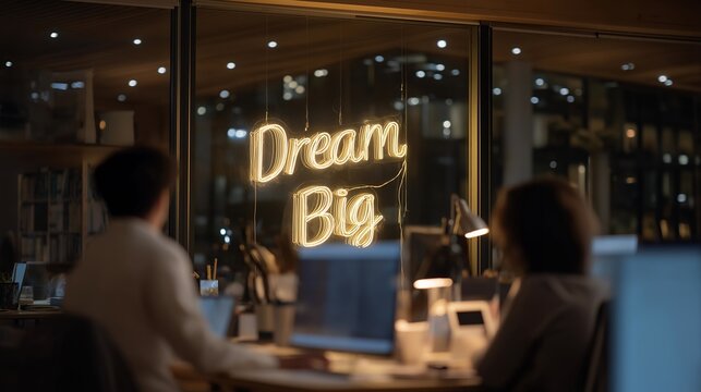 Night office aesthetic featuring employees brainstorming under the warm glow of a “Dream Big” sign — representing team motivation, vision, and passion-driven startup culture. cinematic color