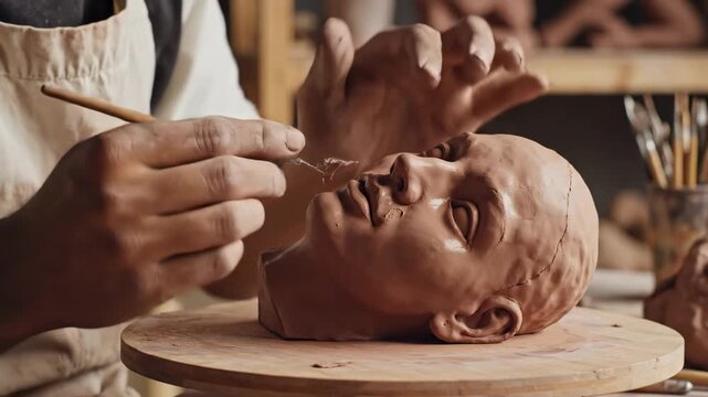 Sculptor shaping clay head - Close-up shot of an artist sculpting a human head from clay. The sculptor uses a metal tool to refine the features and create a realistic depiction.