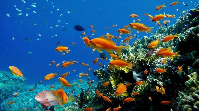 colorful soft corals and reef fishes on tropical coral reef 