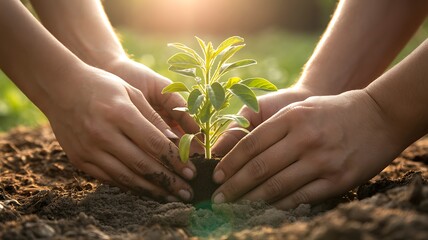 Hands Planting a Young Sapling in Soil at Sunset