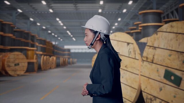 Side View of Asian Businesswoman Walking and Speech In Cable Coils Warehouse