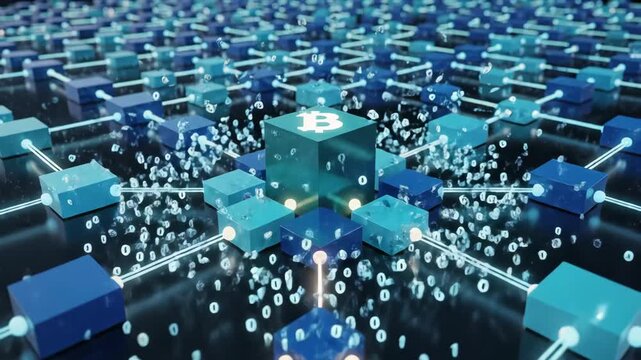 Bitcoin Blockchain Technology Concept - Illustration of a digital blockchain network with data transmission and a central Bitcoin block. The interconnected cubes represent nodes in the blockchain.