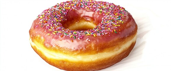 A mouth eagerly takes a bite of a freshly baked donut adorned with vibrant sprinkles, highlighting its delicious frosting and soft dough. The moment captures a sweet indulgence