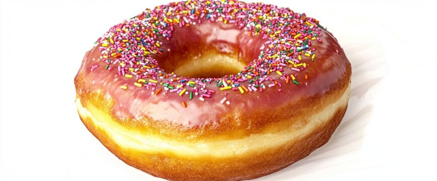 A mouth eagerly takes a bite of a freshly baked donut adorned with vibrant sprinkles, highlighting its delicious frosting and soft dough. The moment captures a sweet indulgence