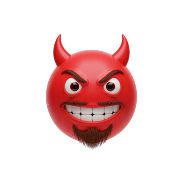 A menacing red devil emoji with sharp horns and a wicked grin isolated on transparent background