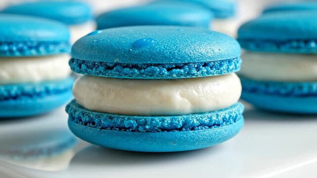 Blue Macaron Close-Up - A close-up studio shot showcases a bright blue macaron filled with a white cream filling. Other macarons are in the background, all sitting on a reflective white surface.