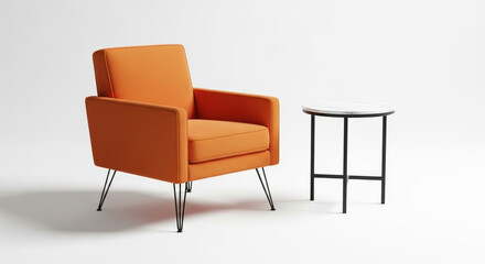 Fototapeta premium Modern Orange Armchair and Marble Side Table on a Clean White Background