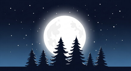 Naklejka premium Full moon night landscape vector illustration with pine trees and stars background scene for design element