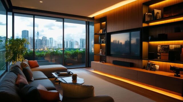 Contemporary Living: A luxuriously appointed modern living space, featuring floor-to-ceiling windows that frame a breathtaking city view.